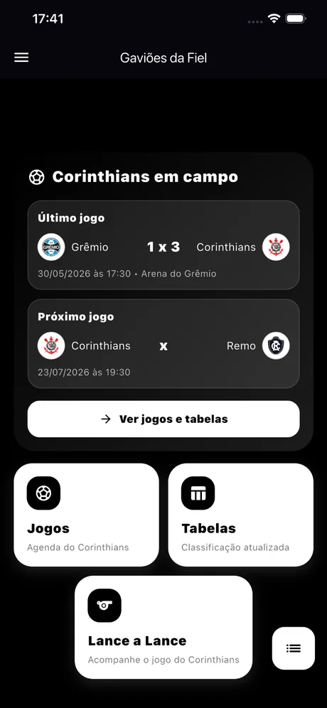 Aplicativo para torcida com jogos e tabelas
