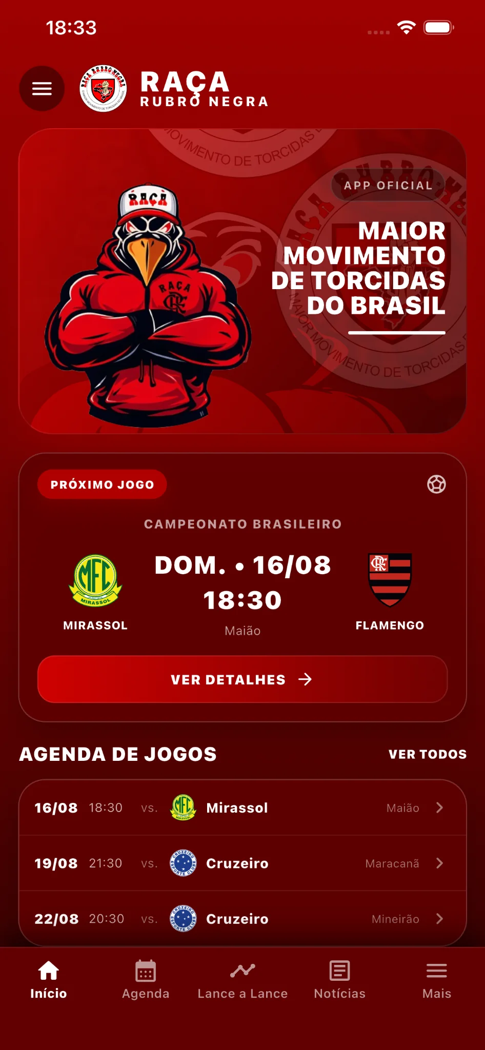 Tela inicial do novo aplicativo Raça Rubro-Negra