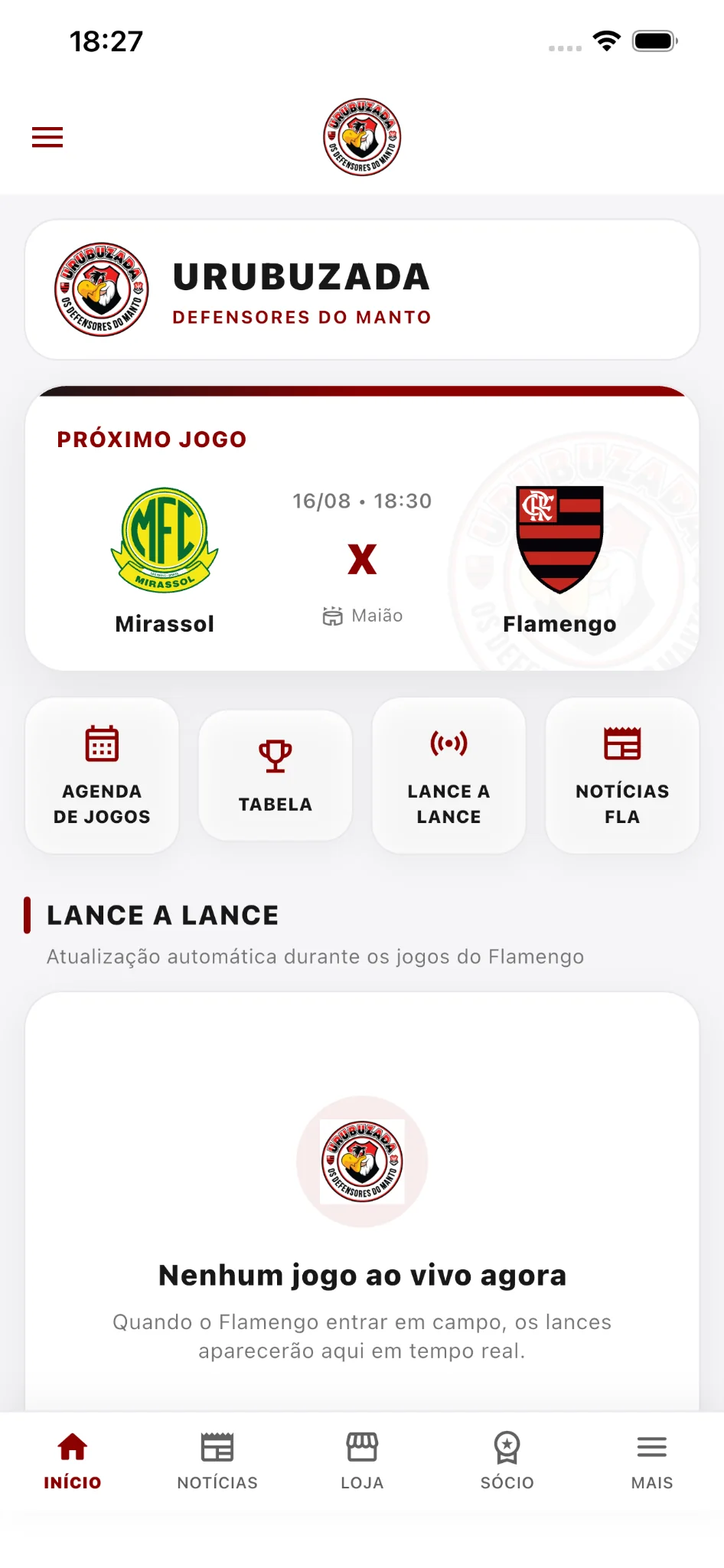 Tela inicial do novo aplicativo Urubuzada